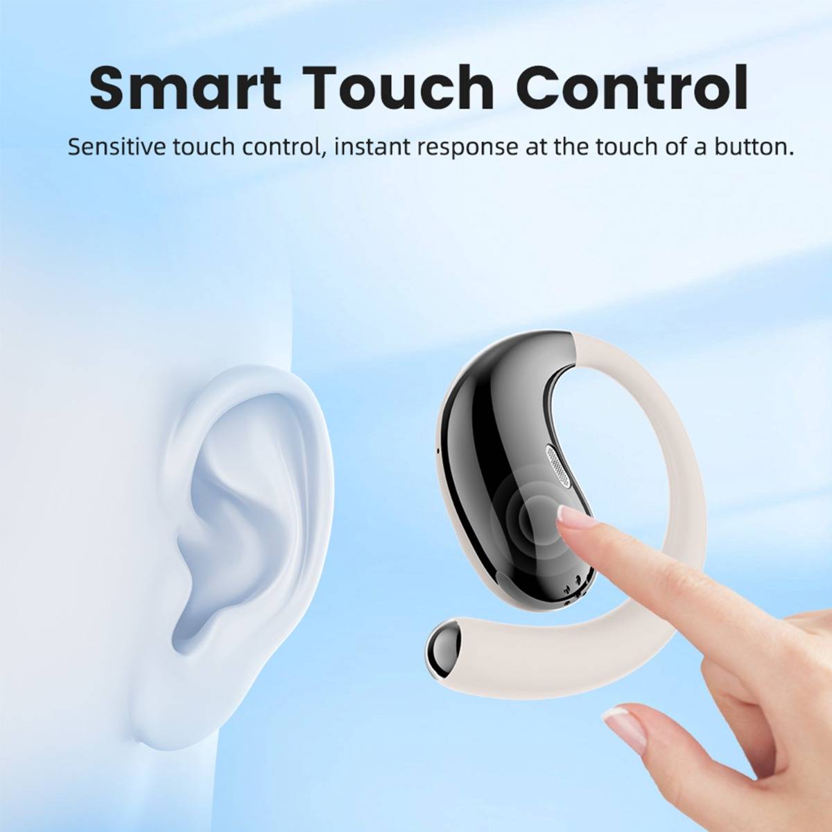 Werbebild eines berührungsgesteuerten Hörgeräts mit einem Finger, der auf seine Seite tippt; der Text lautet „Smart Touch Control" und „Empfindliche Berührungssteuerung, sofortige Reaktion auf Knopfdruck."