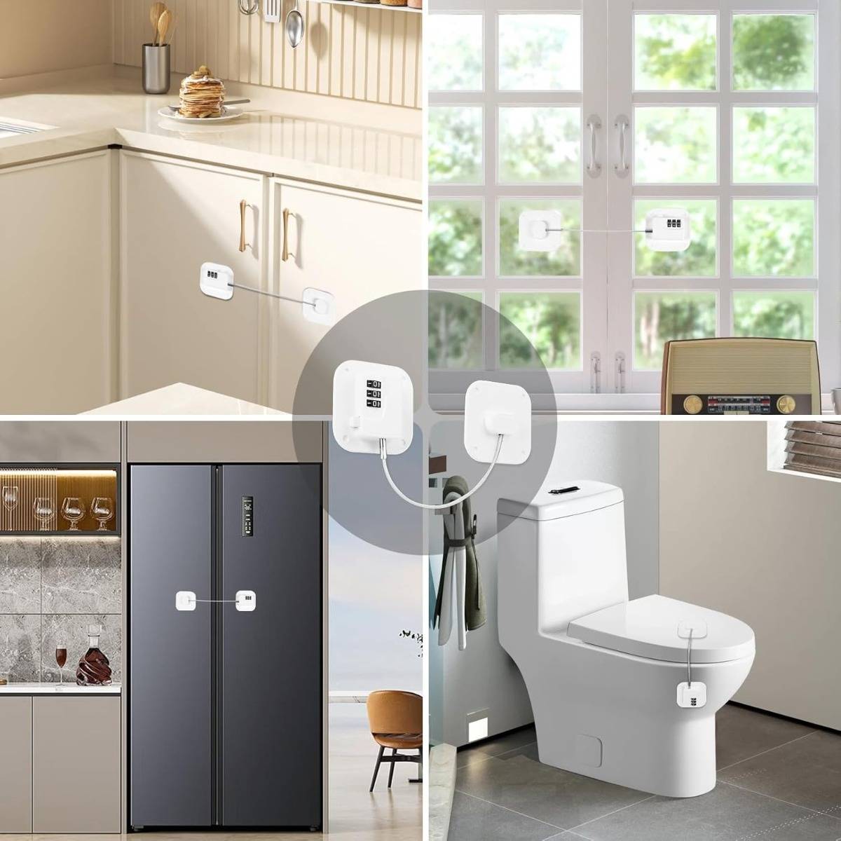 Magnetisches kindersicheres Schrank- und Geräteschloss schützt Küchenschränke, einen Kühlschrank und eine Toilette in einem Wohnungsinterieur.