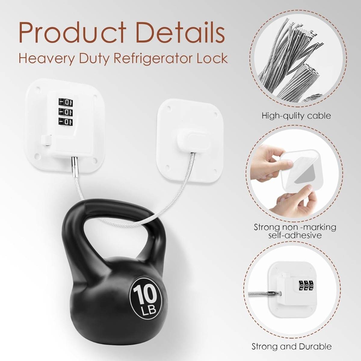 Produktdetails für ein Schwerlast-Kühlschrankschloss: zwei selbstklebende Schlossplatten, die durch ein Kabel verbunden sind, und eine schwarze 10-Pfund-Kettlebell, mit Hinweisen auf hochwertiges Kabel, starken Selbstklebstoff und Haltbarkeit.