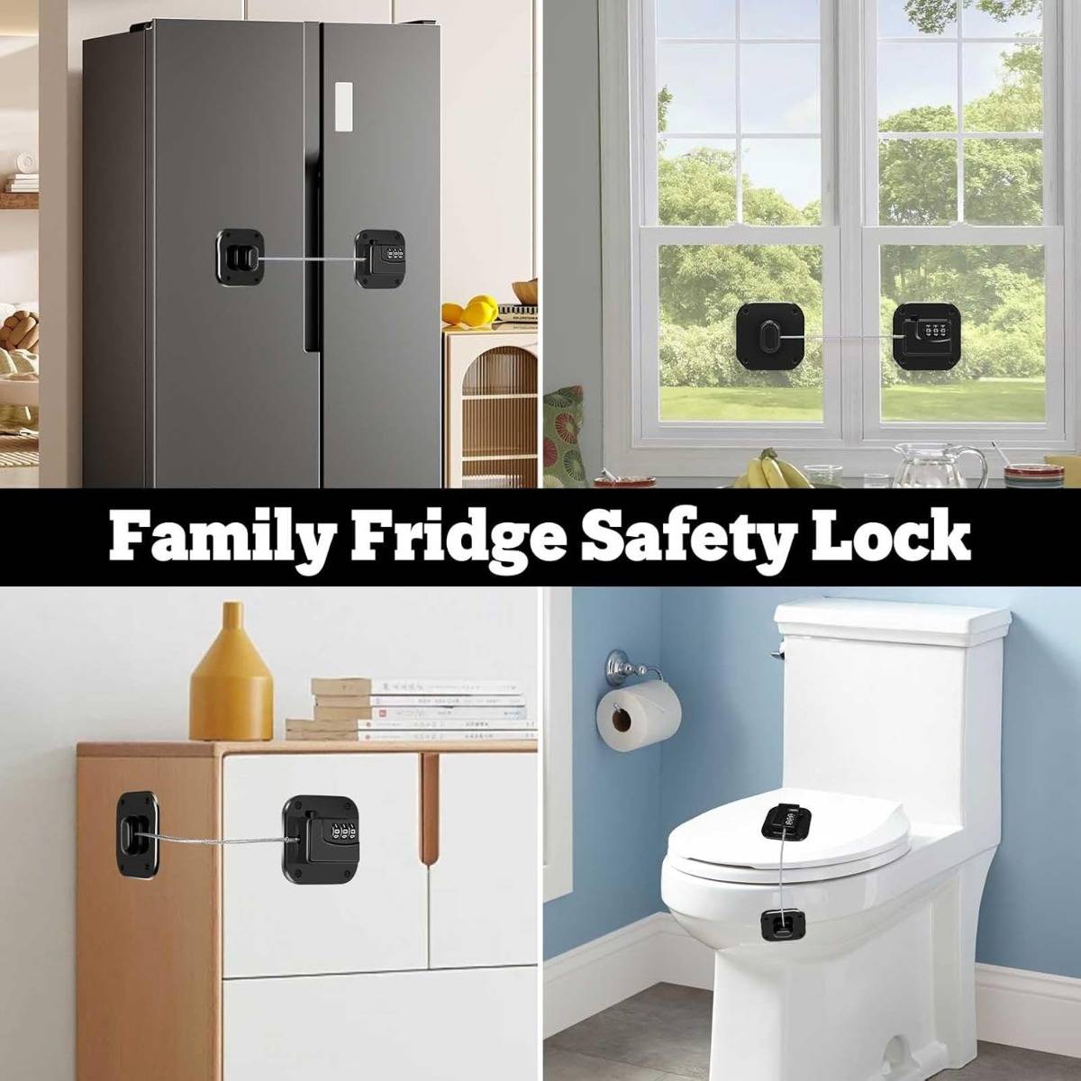 Collage zeigt Sicherheitsschlösser, die einen Kühlschrank, einen Schrank und eine Toilette sichern, mit dem Text „Family Fridge Safety Lock