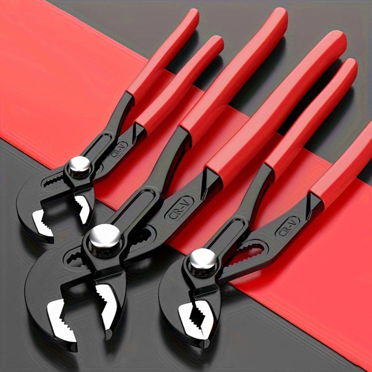 Drei rote Einstellzangen mit roten Griffen diagonal auf einem schwarz-roten Hintergrund angeordnet, dargestellt als Produktnahaufnahme.