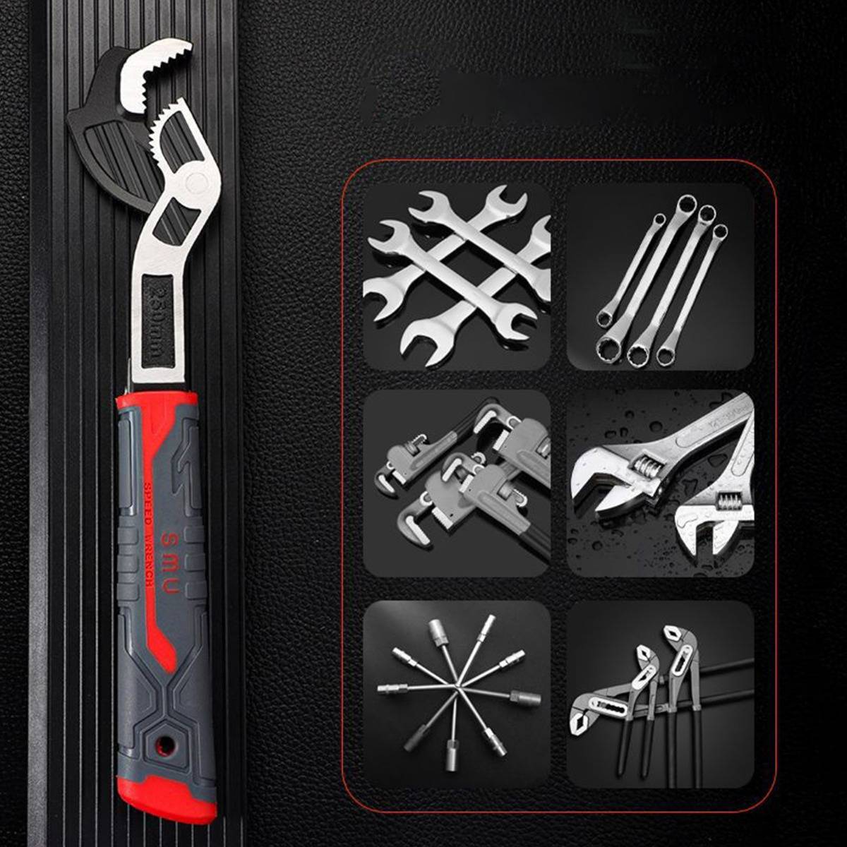 Multi-Tool-Schraubenschlüsselsatz mit verstellbarem Schraubenschlüssel, Kombinationsschraubenschlüsseln, Zangen, Steckbits und Kneifzangen in einem Tragekoffer.