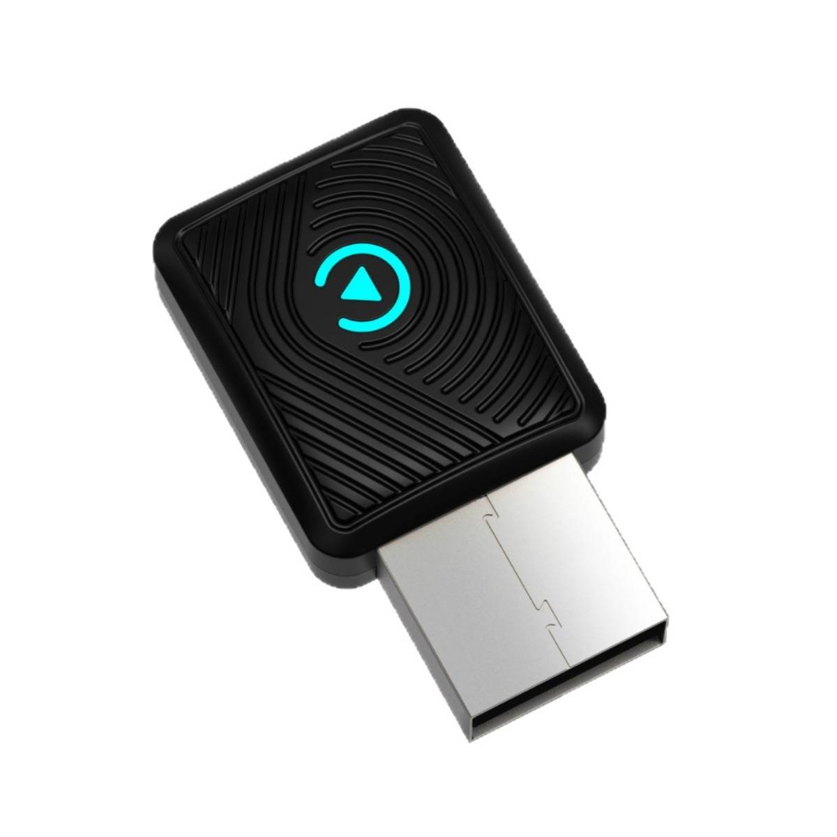 Schwarzer USB-Wireless-Dongle mit cyan-farbenem Kreispfeil-Logo auf weißem Hintergrund.