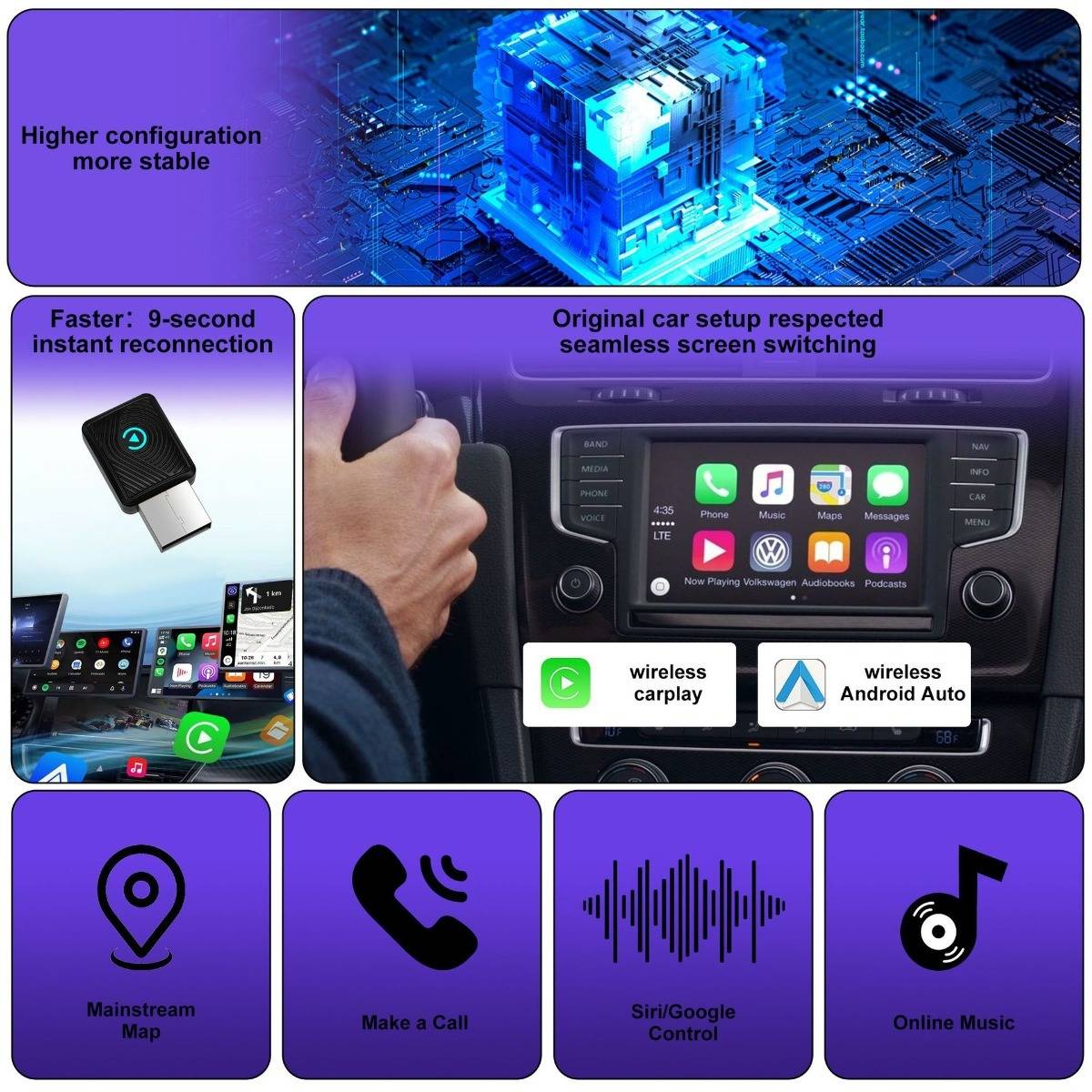 Werbegrafik für einen kabellosen Auto-Adapter mit stabiler höherer Konfiguration, sofortiger Wiederverbindung in 9 Sekunden, nahtlosem Bildschirmwechsel und Unterstützung für drahtlose CarPlay und Android Auto.