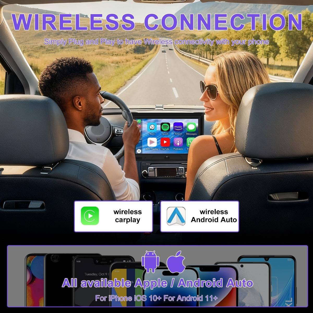 Werbebild eines Paares, das während der Nutzung eines Auto-Touchscreens mit drahtlosem CarPlay und Android Auto fährt, beschriftet mit 