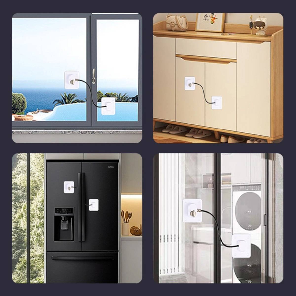Collage, das einen Stecker-Sicherheitssensor zeigt, der zwischen einer Wandsteckdose und Kabeln an einem Fenster, Schrank, Kühlschrank und Glastür montiert ist, um Blockierungen zu verhindern.