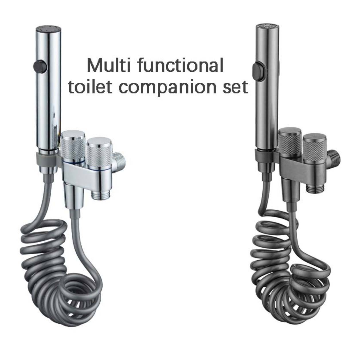 Produktbild eines multifunktionalen Toilettenbegleiter-Sets, gezeigt in Silber und Dunkelgrau mit aufgerolltem Schlauch und Sprühkopf.