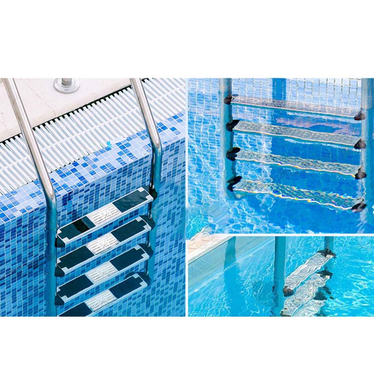 Collage einer Einbau-Schwimmbadecke mit Metallhandläufen und schwarzen Stufen neben blauem Mosaikfliesen und Wellenwasser.
