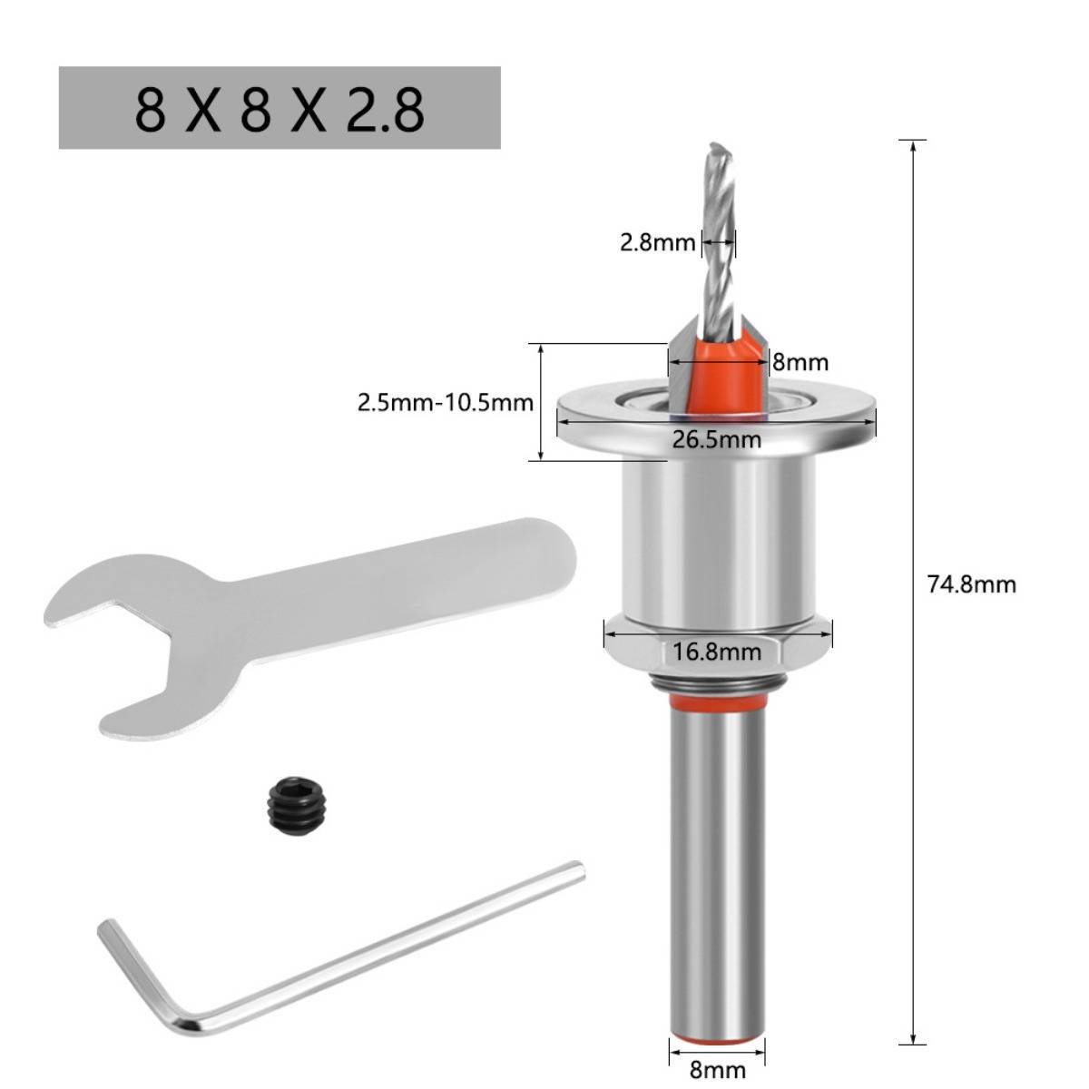 Produktdiagramm eines 8 x 8 x 2,8 Bohrbithalters mit Angabe der Schlüsselabmessungen, Befestigungsgrößen, eines Schraubenschlüssels und eines Inbusschlüssels.