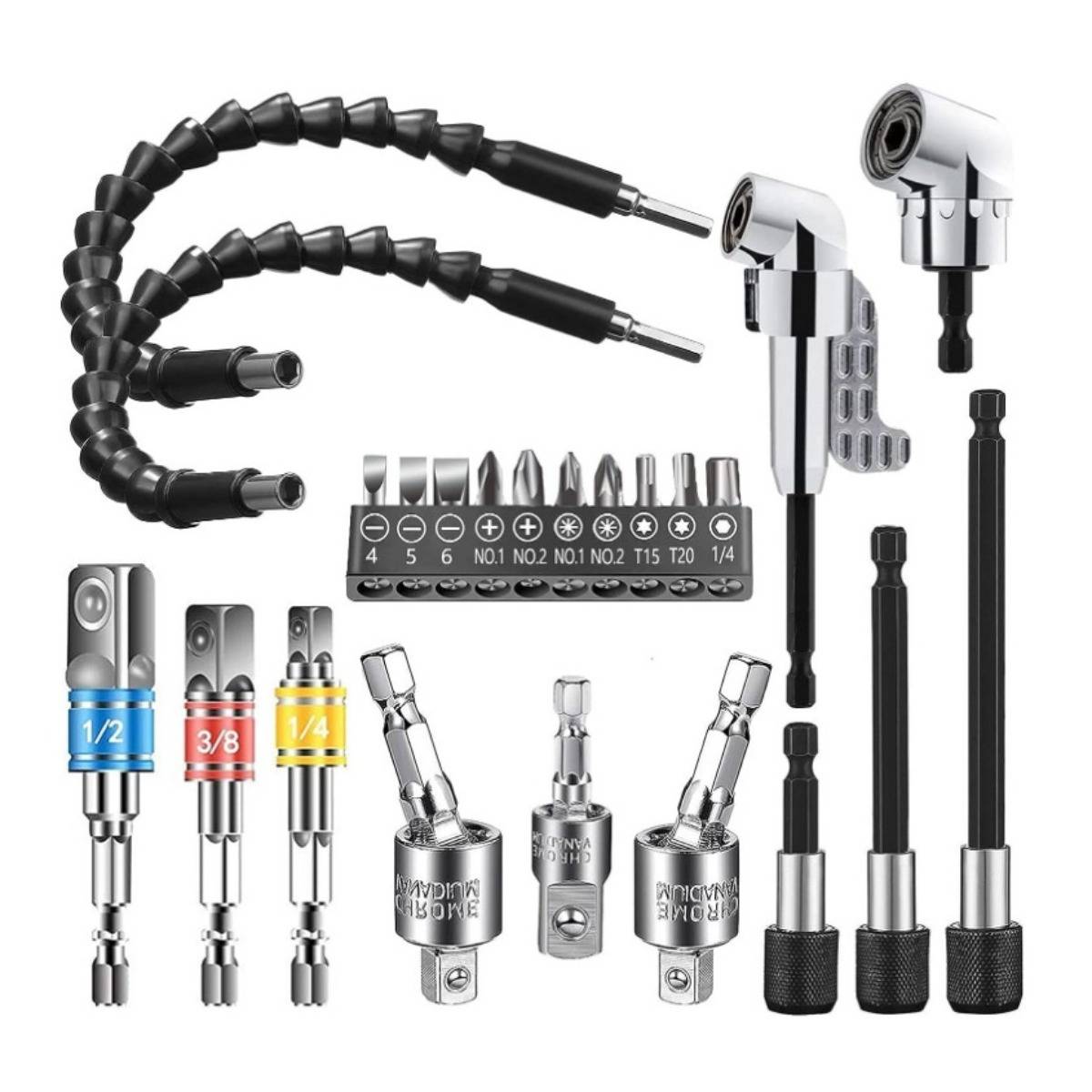 Assortierte Steckschlüssel-Adapter und Schraubendreher-Bits mit flexiblen Verlängerungsarmen und Ratschenkopfn, angeordnet auf weißem Hintergrund.