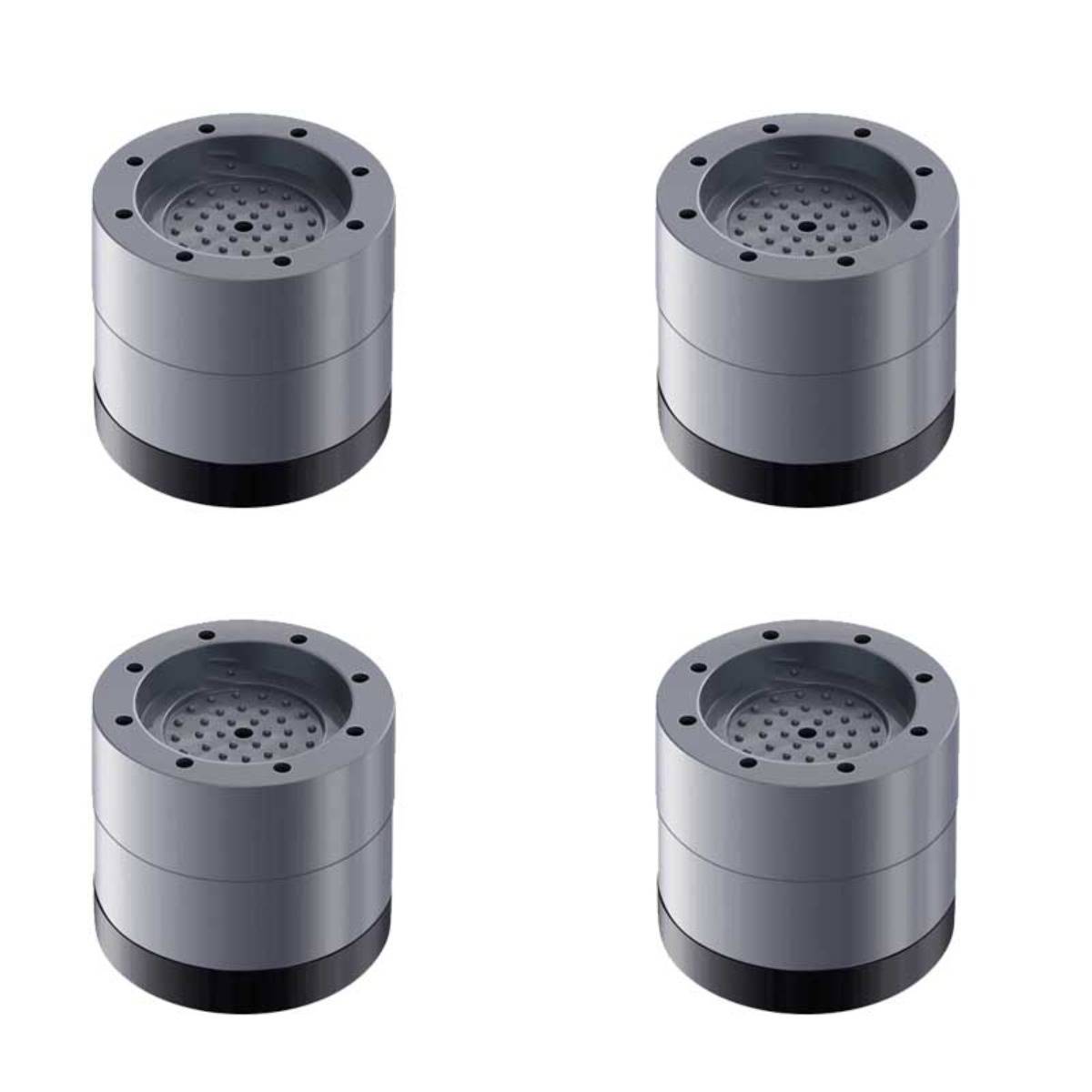 Vier Ansichten eines zylindrischen Metallbauteils mit perforierter Oberseite und schwarzer Basis, dargestellt auf weißem Hintergrund.