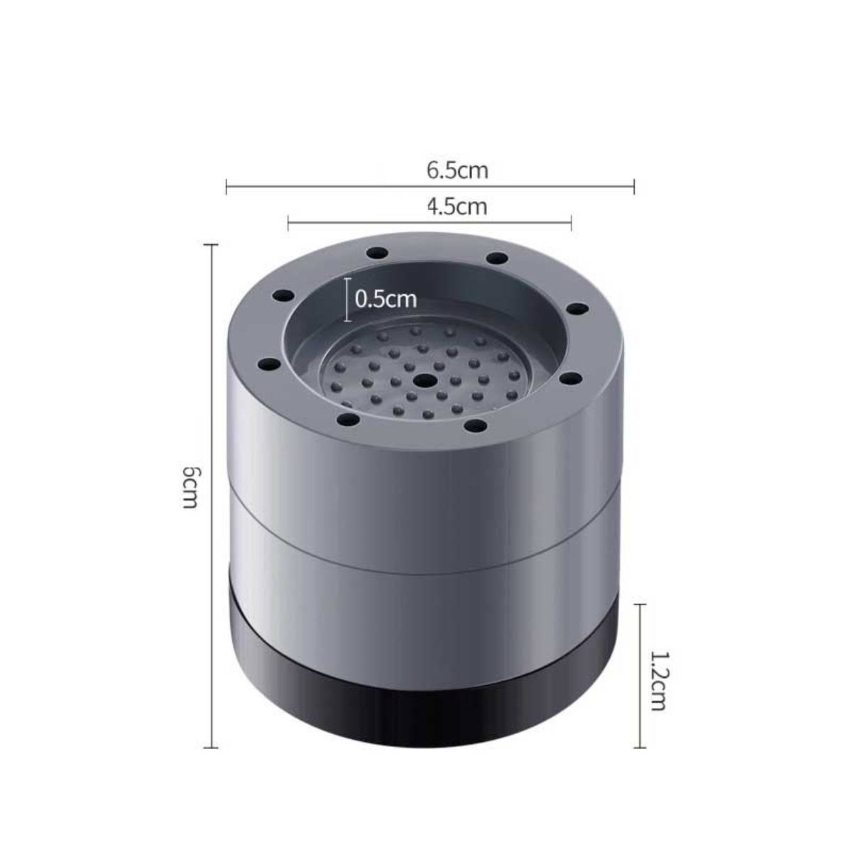 3D-Darstellung eines zylindrischen Metallteils mit Löchern oben und perforierter Mitte, angezeigt mit den Abmessungen: 6,5 cm breit, 4,5 cm innere Breite, 6 cm Höhe, 1,2 cm Basis, 0,5 cm Tiefe.