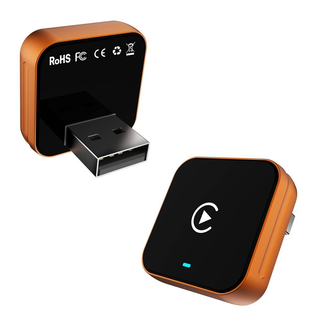Kompakter orange-schwarzer USB-Adapter von vorne und hinten dargestellt, mit USB-Stecker, Statusleuchte und Logo auf der Vorderseite.