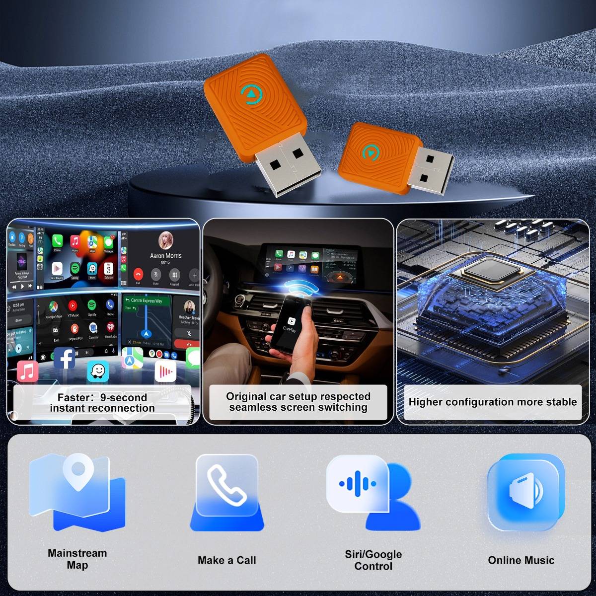 Werbegrafik für einen Auto-USB-Adapter mit drahtlosem Apple CarPlay-Stil: sofortige Wiederverbindung, nahtloses Bildschirmwechsel und stabile Hochkonfiguration, plus Karten-, Anruf-, Sprach- und Musikfunktionen.