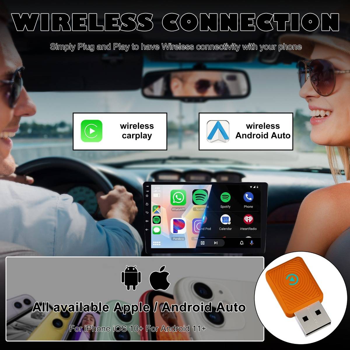 Werbebilder eines Infotainment-Adapters für Autos, der kabelloses CarPlay und Android Auto ermöglicht, dargestellt mit einem Paar beim Fahren und einem USB-Dongle.