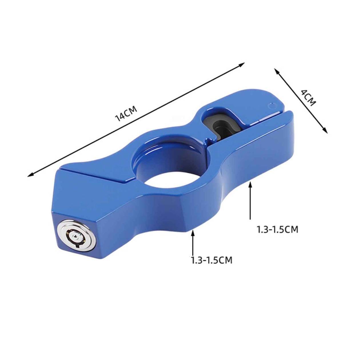 Blaue Metallklemme mit zentraler kreisförmiger Öffnung, dargestellt mit Maßpfeilen: 14 cm lang, 4 cm breit und 1,3–1,5 cm dick.