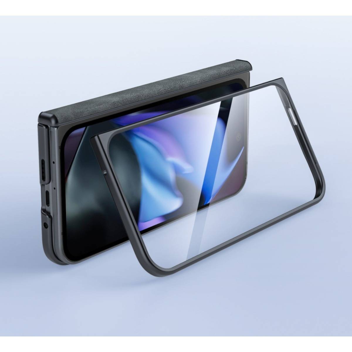 Smartphone mit einer Schutzhülle und einem abgelösten durchsichtigen Displayschutz von vorne gezeigt.