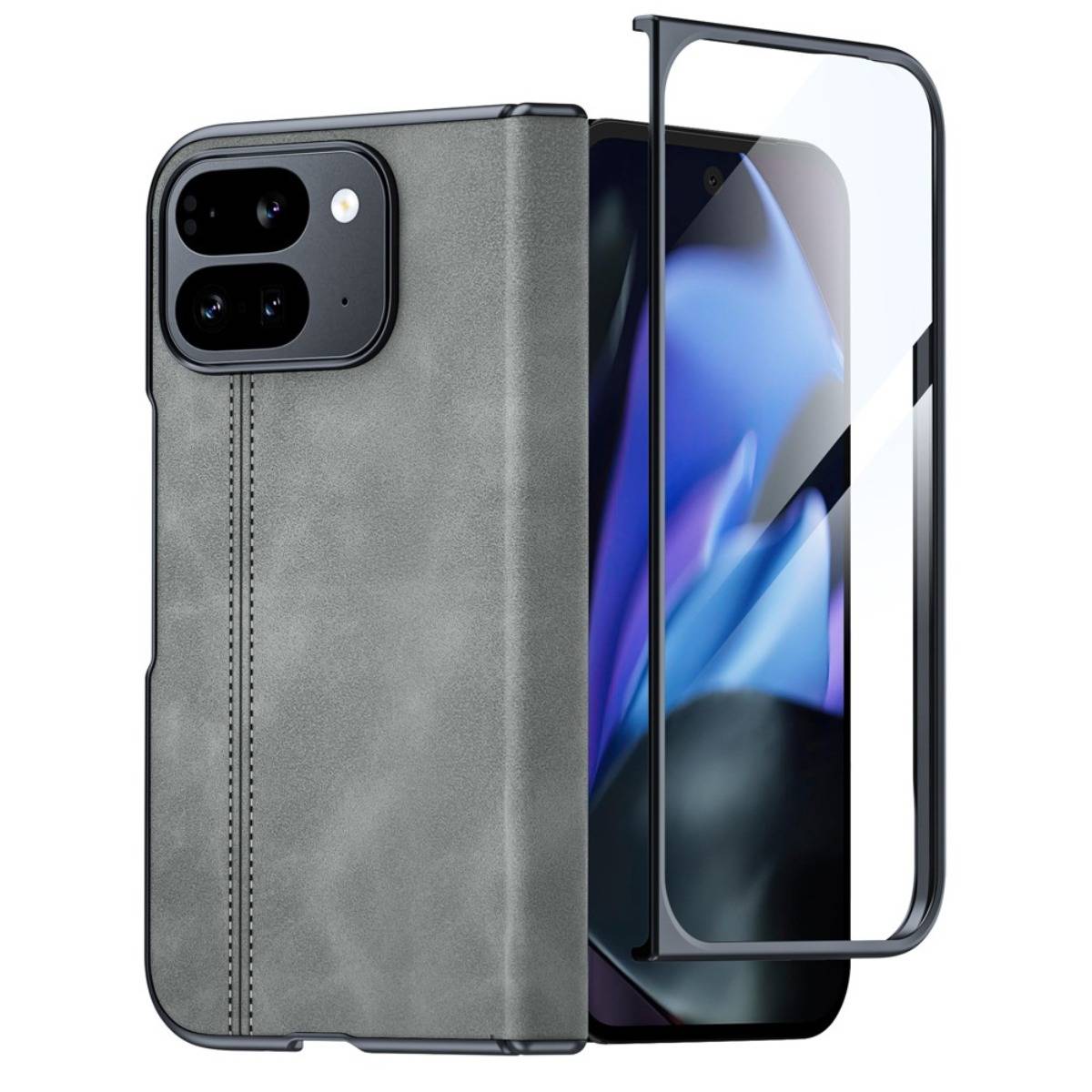 Schwarzes Smartphone mit grauer Schutzhülle im Folio-Stil und separatem Displayschutz auf weißem Hintergrund.