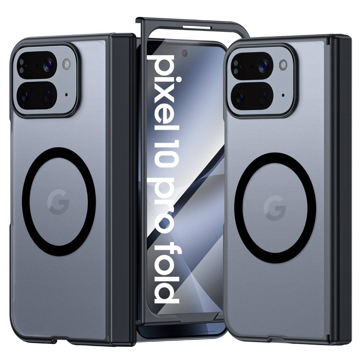 Google Pixel 10 Pro Fold Smartphones offen und geschlossen in Grau dargestellt, wobei das faltbare Design und die hinteren Kameramodule hervorgehoben werden.