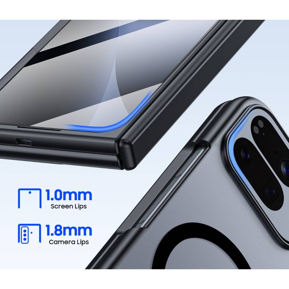 Werbegrafik einer Handyhülle mit erhöhten 1,0 mm Displayrändern und 1,8 mm Kamerarändern zum Schutz, mit Nahaufnahmen der Hüllenkanten und der Kameraaussparung.