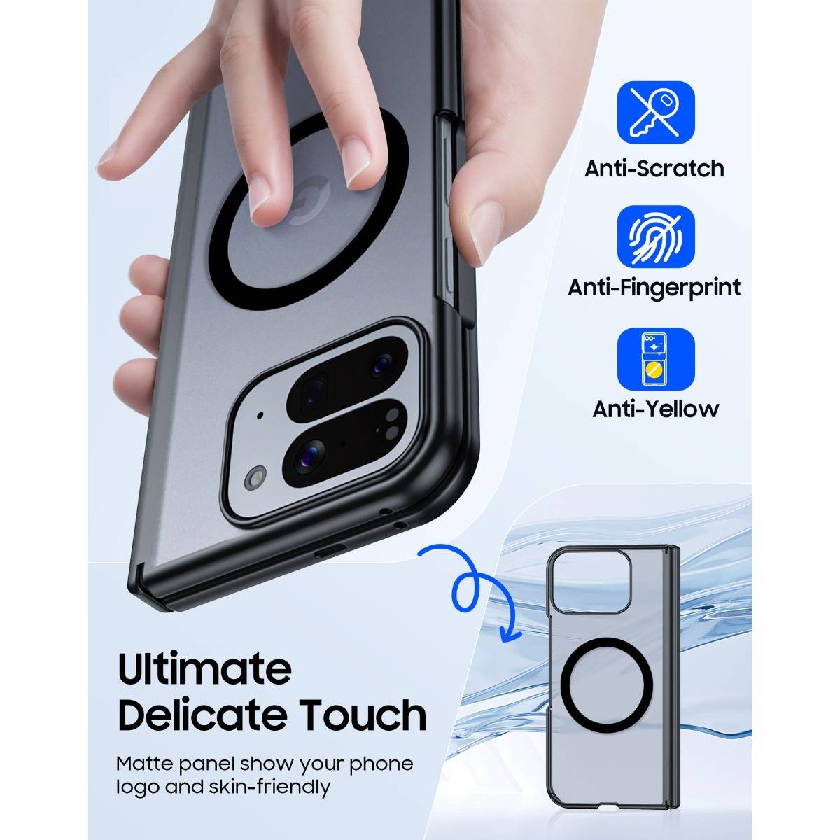 Werbebild eines durchsichtigen Handyhüllengehäuses mit kreisförmigem MagSafe-Ring, beschriftet mit kratzfest, fingerabdruckresistent und vergilbungsfrei; der Text lautet „Ultimate Delicate Touch".