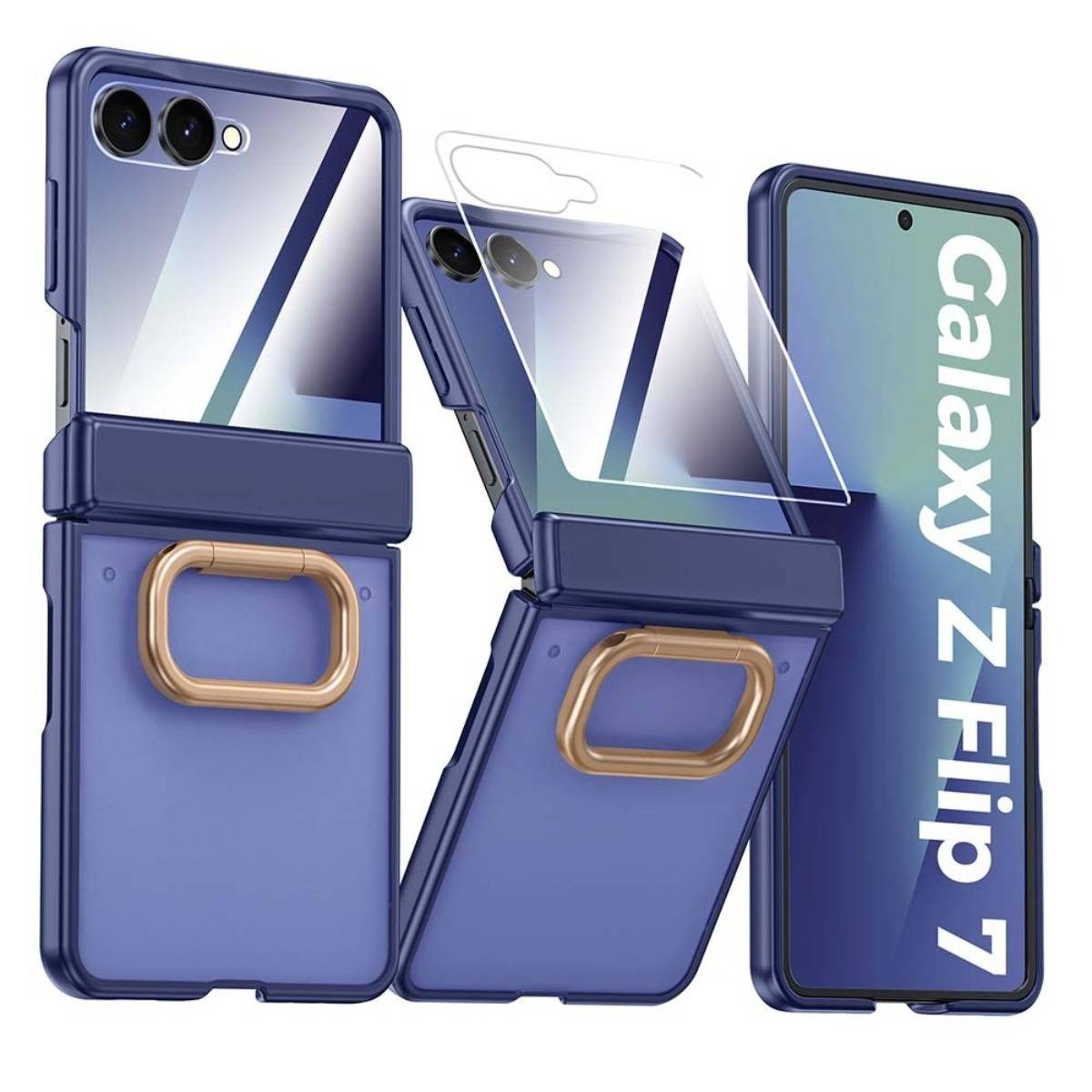 Blaue Samsung Galaxy Z Flip 7 Handyhülle mit goldenem Ringständer und transparentem Scharnierschutz, geschlossen und teilweise geöffnet dargestellt, mit 