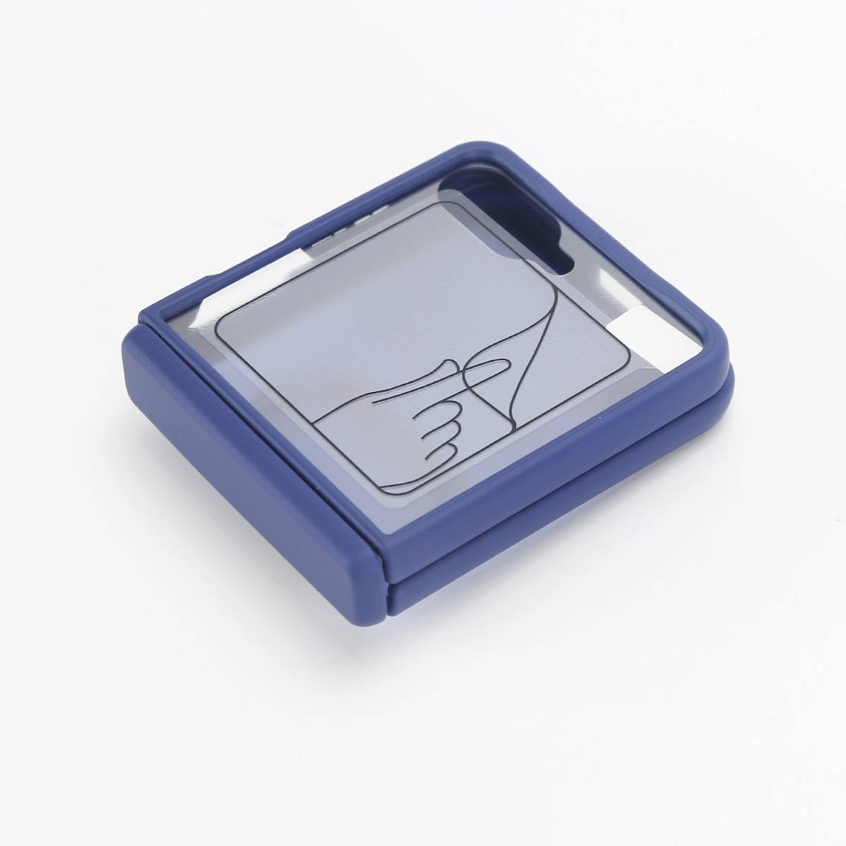 Blauenr quadratischer Kompaktbehälter mit durchsichtigem Deckel, der eine einfache Strichzeichnung einer Hand im Inneren zeigt.