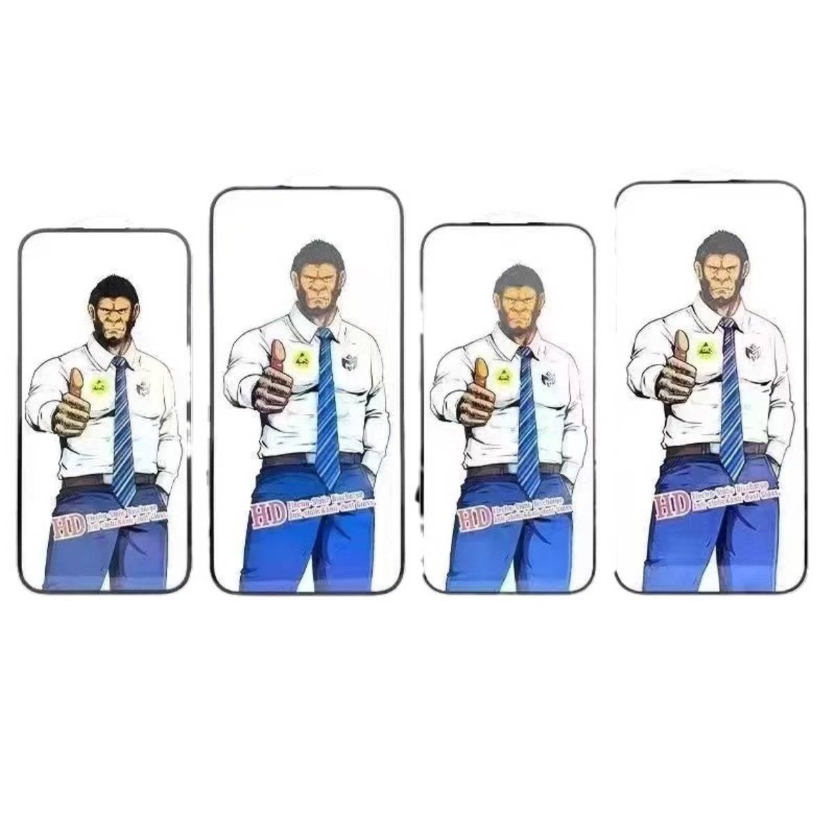 Vier Cartoon-Männer in Telefonbildschirmen geben einen Daumen hoch, jeder mit einer anderen Bart- und Outfit-Variation, was einen App- oder Avatar-Vergleich andeutet.