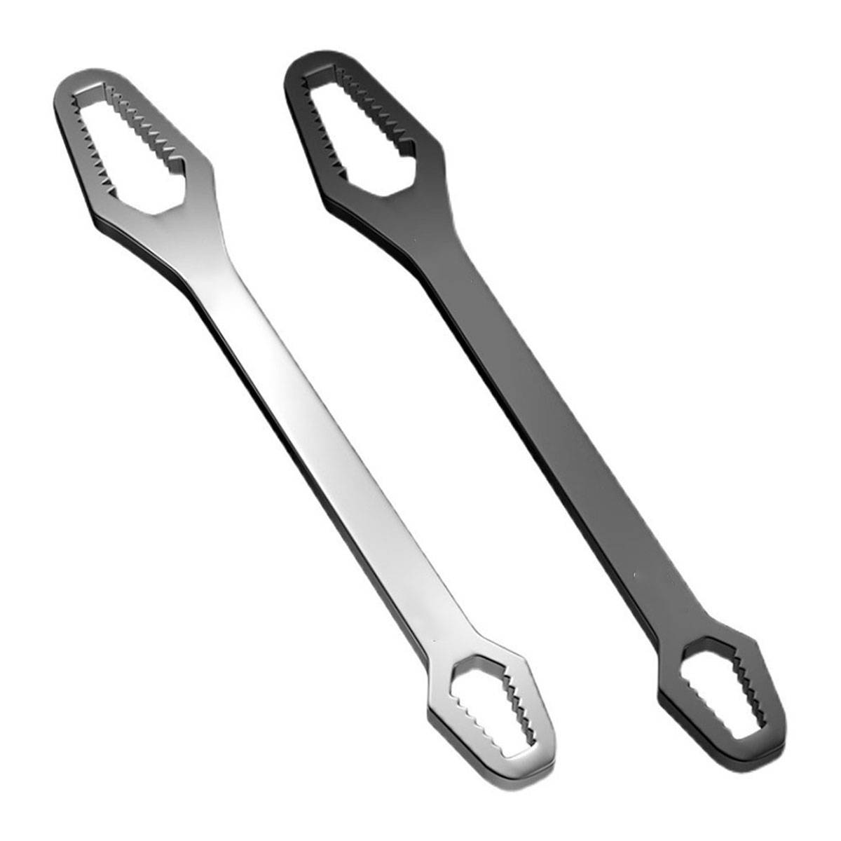 Zwei lange metallene schraubenschlüsselartige Werkzeuge, eines silbern und eines schwarz, jeweils mit sechseckigen offenen Enden zum Greifen von Muttern oder Bolzen.