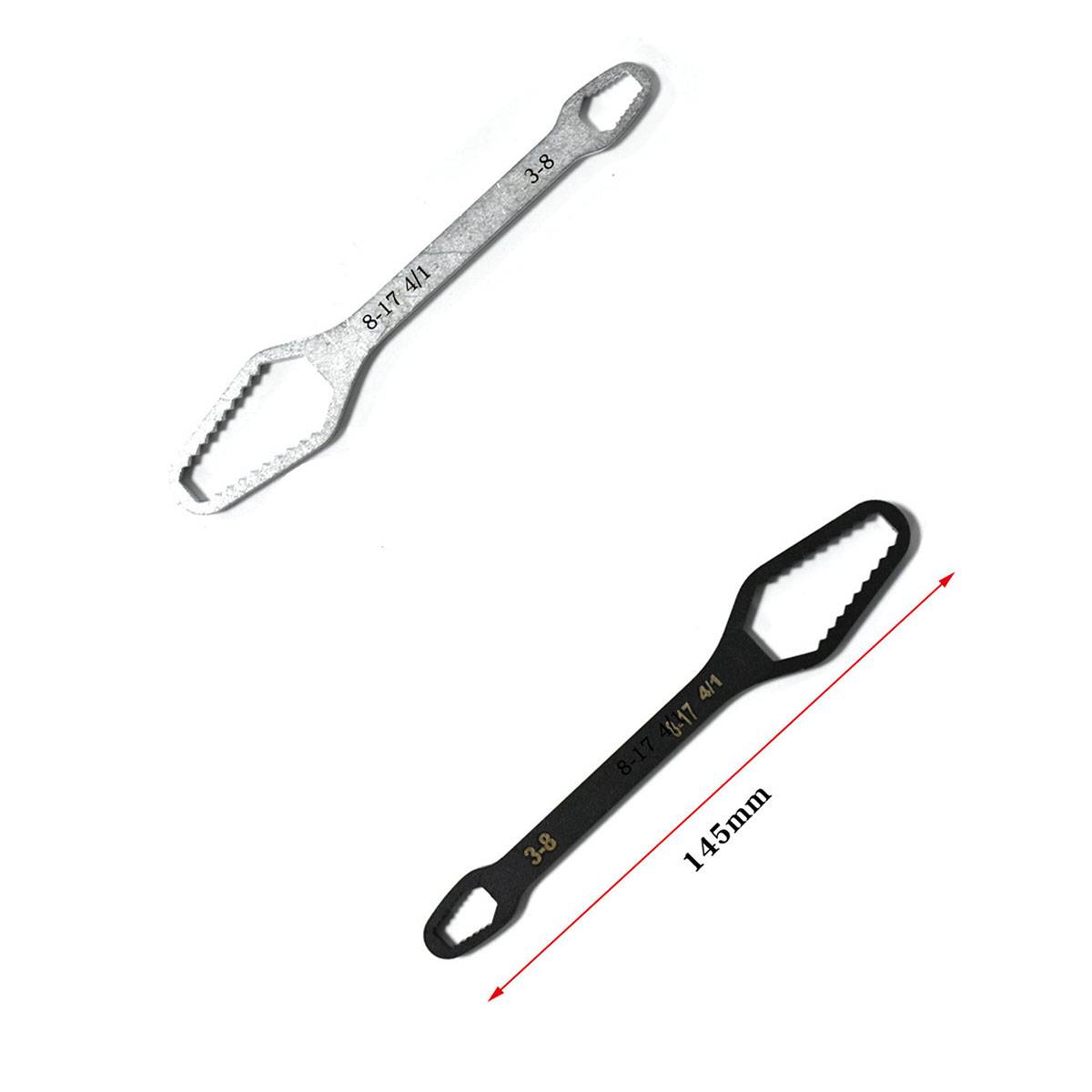 Zwei kompakte Doppelringschlüssel aus Metall, einer silbern und einer schwarz, gezeigt mit dem schwarzen Schlüssel beschriftet mit 145 mm und Größenmarkierungen 3-5 und 8-17 M2.5.