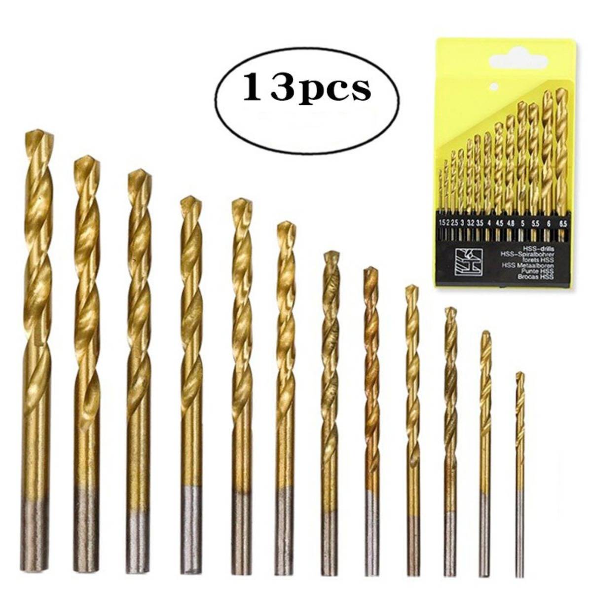 13-teiliges HSS Spiralbohrer Set – Titannitridbeschichteter Rundschaft für Holz, Metall und Kunststoff