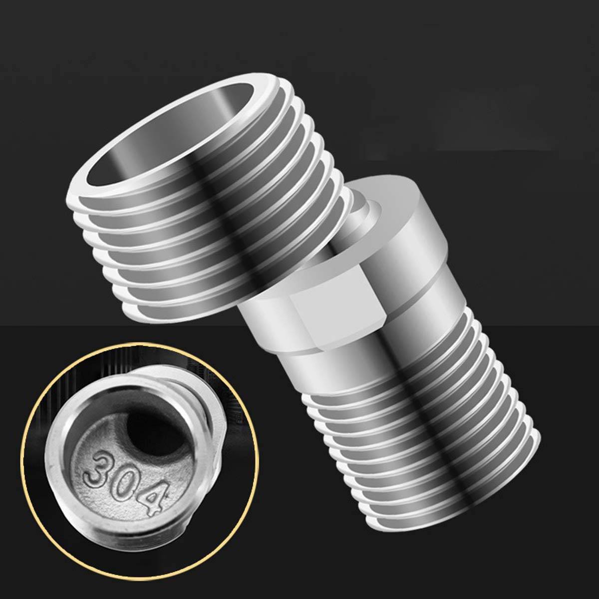 Metallisches Gewindeleitungsadapter mit sechskantigem Mittelteil, shown in Silber auf schwarzem Hintergrund; eingefügte Nahaufnahme zeigt das gestempelte Edelstahlmarkierungsmerkmal „304