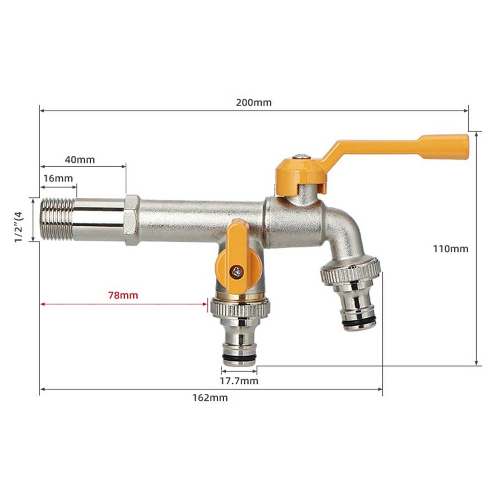 Technisches Produktdiagramm eines Metall-Wasserhahns mit orangefarbenem Hebegriff, mit Abmessungen mit den Bezeichnungen 200 mm, 162 mm, 110 mm, 78 mm, 40 mm, 16 mm und 17,7 mm.