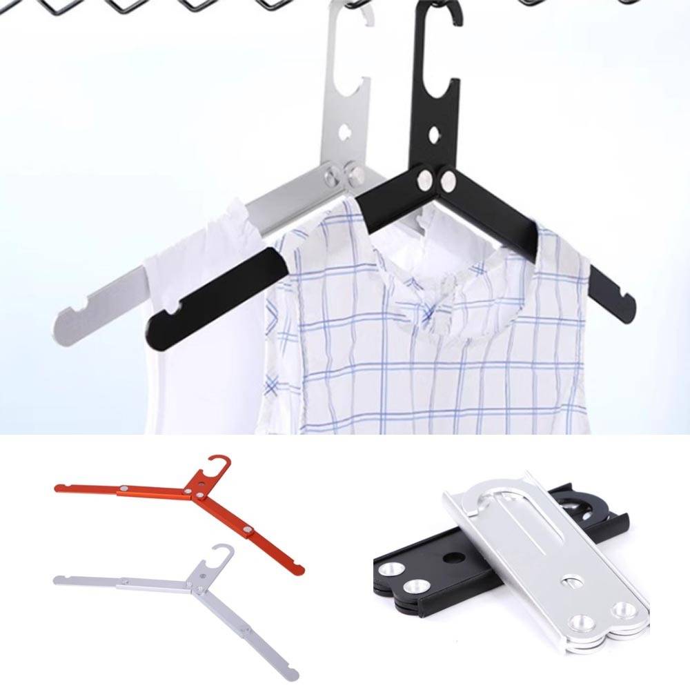 Klappbare Kleiderbügel mit Clips zum Aufhängen von Hemden und Kleidung; in Gebrauch und zusammengeklappt in Rot, Grau, Schwarz und Silber dargestellt.