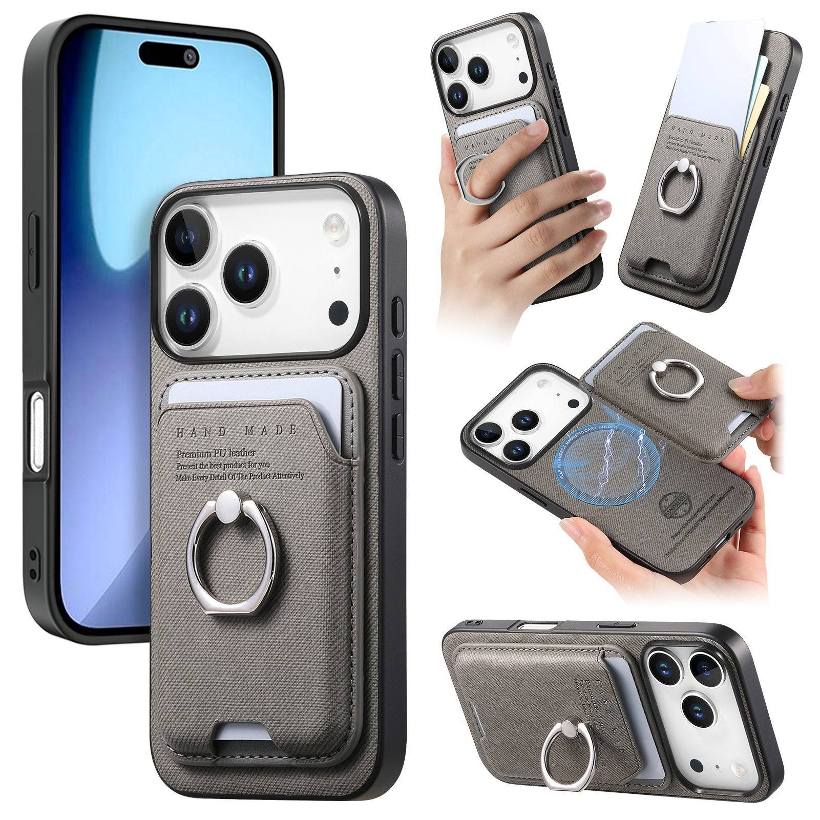 Graue Handyhülle mit strukturierter Kartentasche und Metallringständer, gezeigt auf einem Smartphone in mehreren Ansichten und bei Handhaltung.
