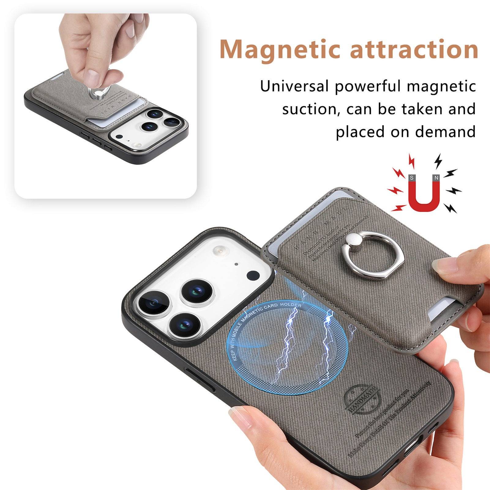 Anzeige für einen magnetischen Telefon-Brieftaschen-Ring mit einem Gehäuse mit abnehmbarem Magneten und dem Text „Magnetische Anziehung" und „Universelle starke magnetische Saugkraft, kann nach Bedarf angebracht und abgenommen werden"".