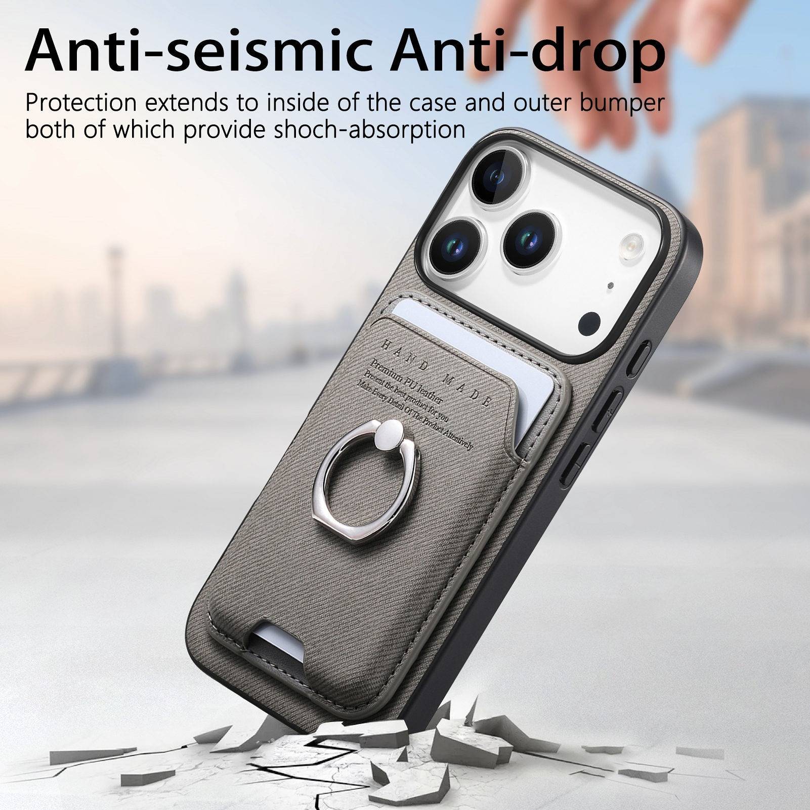 Werbebild einer Smartphone-Hülle mit Kartensteckplatz und Ringhalter, mit der Bezeichnung „Antiseismisch Antifallschutz", das Stoßdämpfung und Fallschutz zeigt.