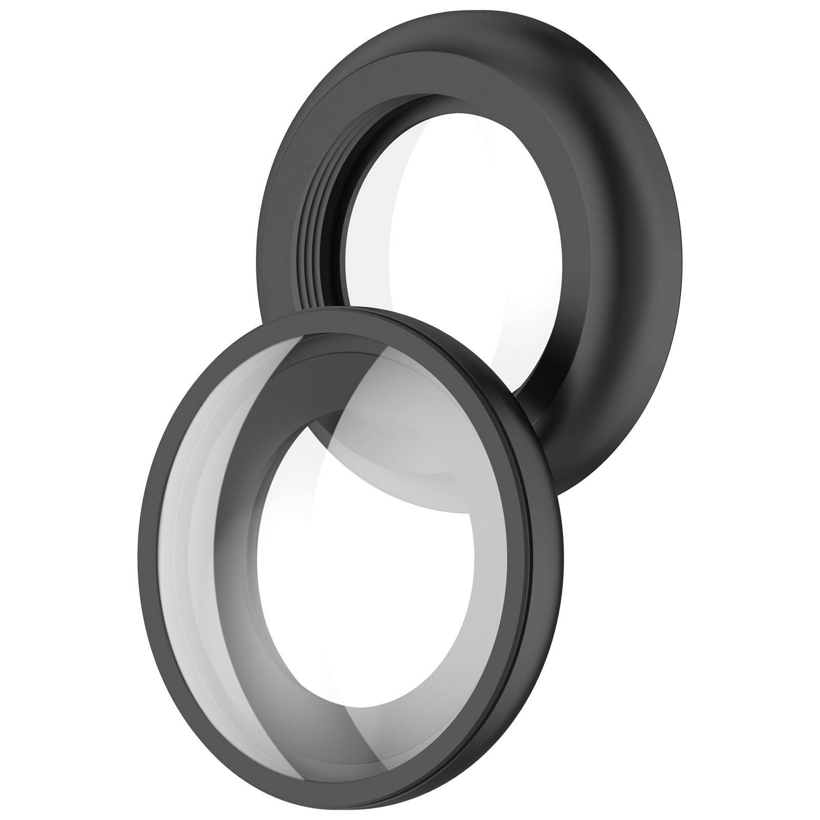 Zwei sich überlappende kreisförmige Ringe, einer schwarz und einer transparent grau, auf weißem Hintergrund.