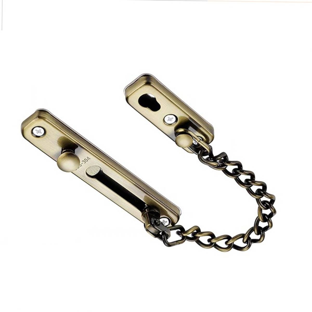 Messingfarbenes Türsicherheitsschloss mit zwei Metallplatten, die durch eine Kette verbunden sind, vor weißem Hintergrund gezeigt.