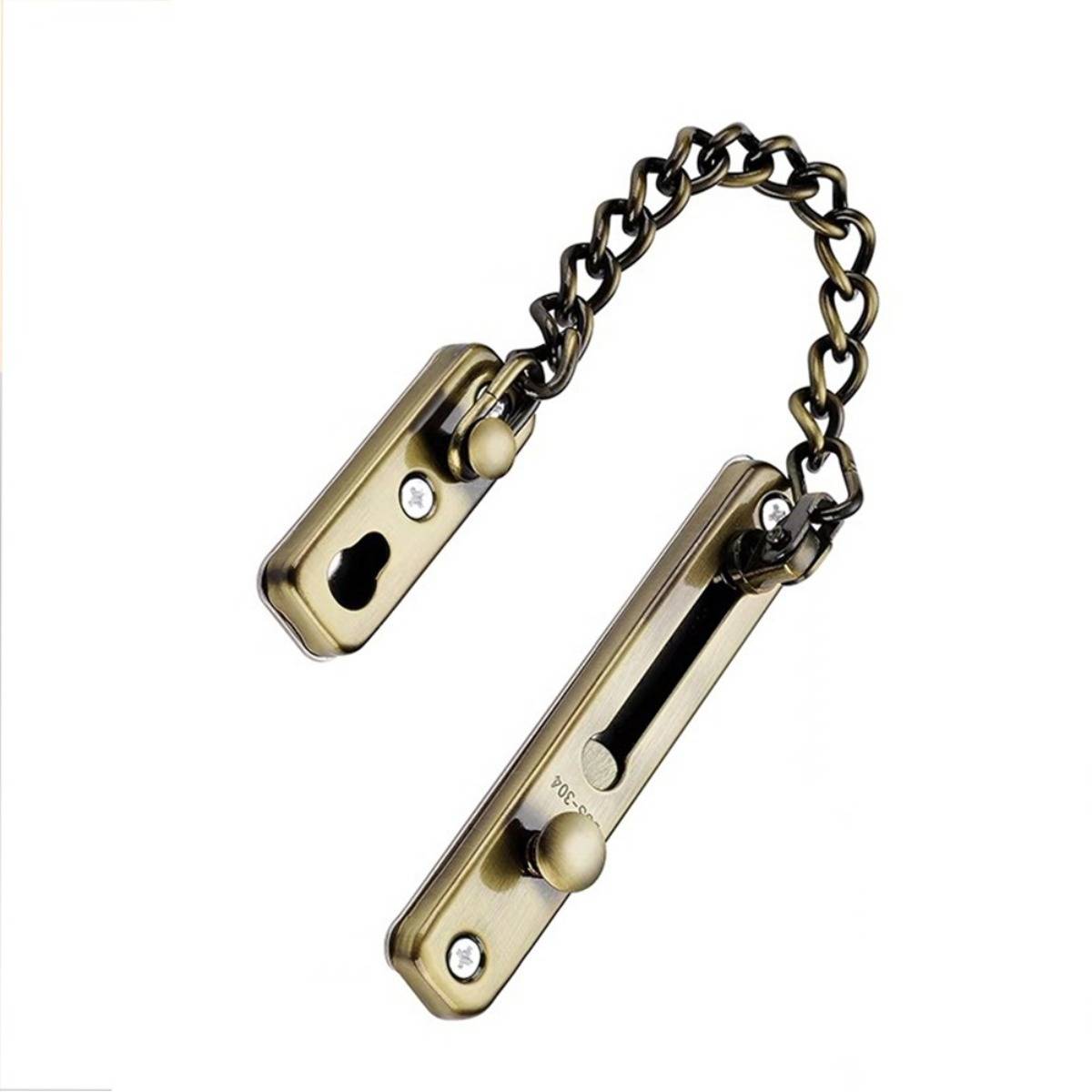 Messingfarbene Türsicherungskette mit zwei Metallplatten, die durch eine kurze Kette verbunden sind, auf weißem Hintergrund.