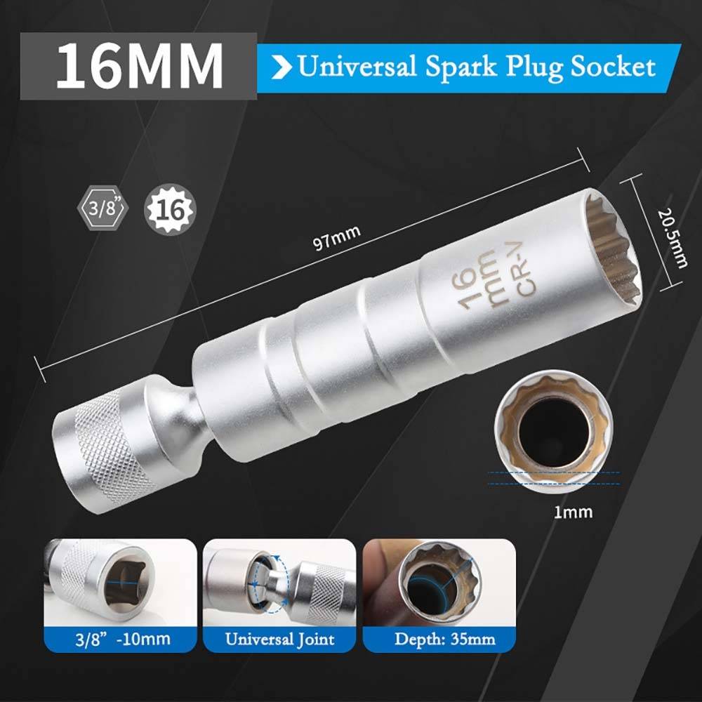 Produktbild einer universellen 16-mm-Zündkerzensteckdose, 97 mm lang mit 3/8-Zoll-Antrieb, Universalgelenk und 35 mm Tiefe, dargestellt mit Abmessungen.