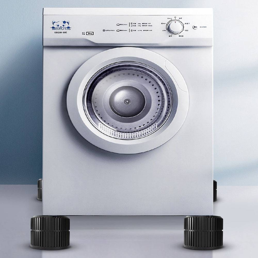 Frontansicht einer weißen Frontlader-Waschmaschine mit einer runden Tür und Bedienknopf oben, gezeigt vor einem Studio-Hintergrund.