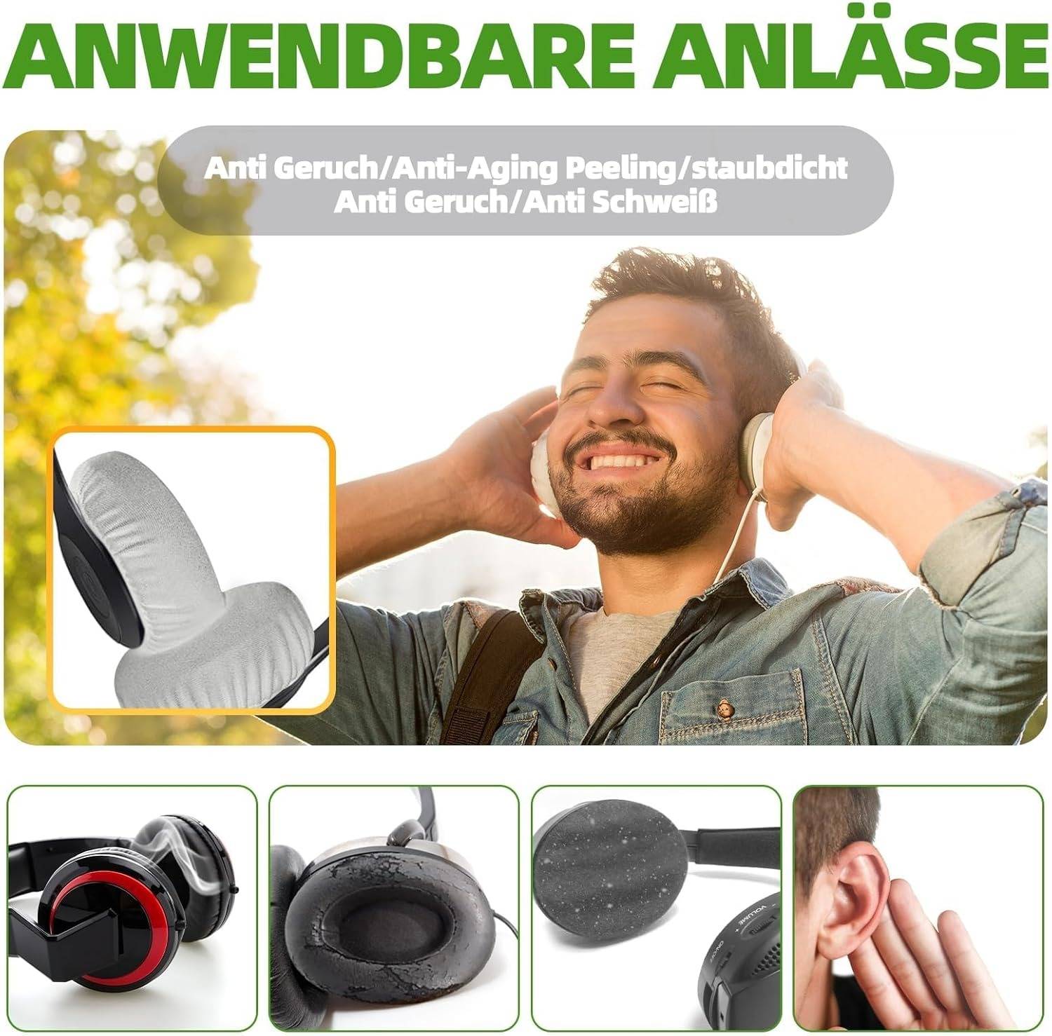 Werbebild von Over-Ear-Kopfhörern mit weicher Abdeckung, auf dem ein lächelnder Mann abgebildet ist, und Text, der geruchshemmend, Anti-Aging-Peeling, staubdicht und schweißresistent hervorhebt.