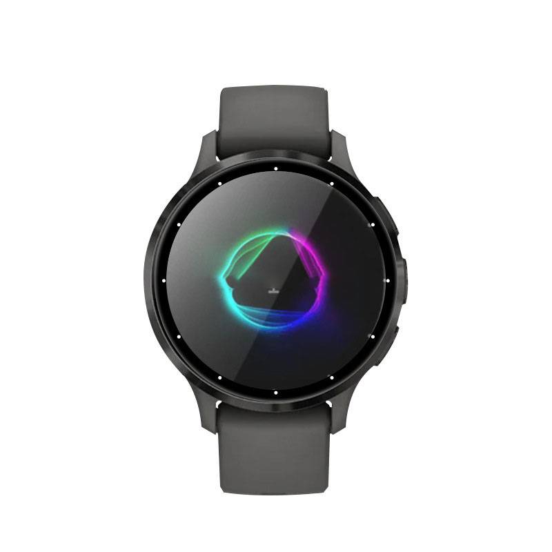 Schwarze runde Smartwatch mit dunklem Armband, die auf dem Display ein buntes Neon-Logo gegen einen weißen Hintergrund anzeigt.