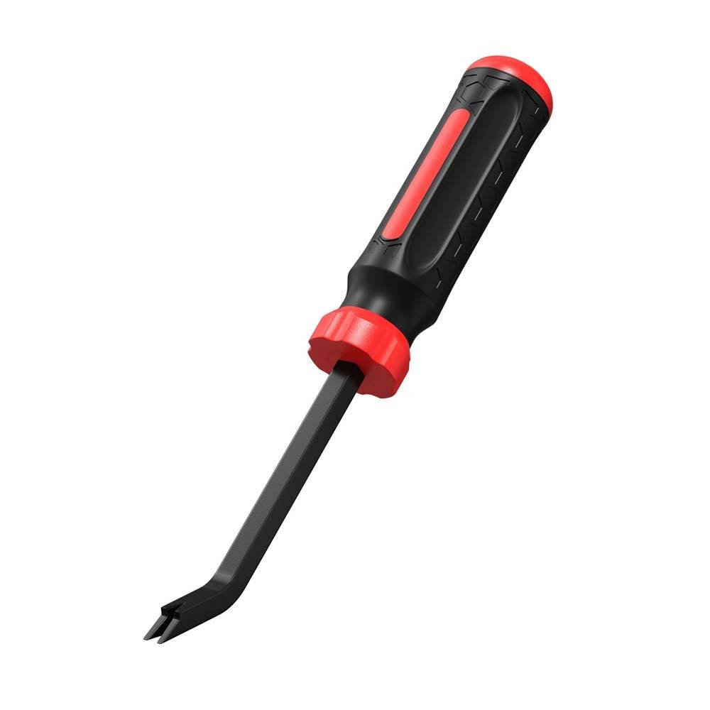 Ein schwarz-rotes Winkel-Hebelwerkzeug oder Schraubendreher mit gebogenem Schaft und spitzer Spitze, dargestellt auf einem einfachen weißen Hintergrund.