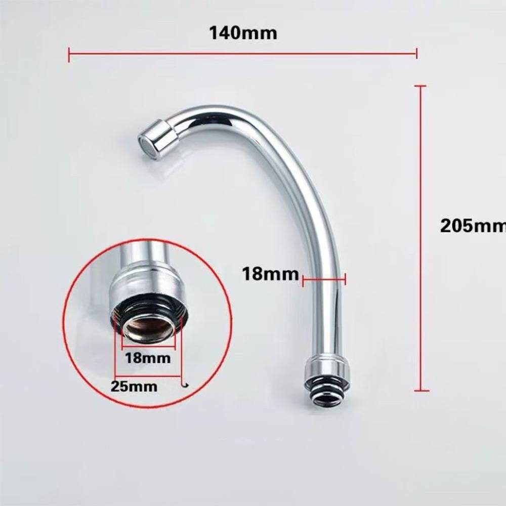 Chrome-Wasserhahn mit angegebenen Abmessungen: 140 mm breit, 205 mm hoch, Anschlussgröße 18 mm, und vergrößerte Nahaufnahme des Gewindeendes, 25 mm Außendurchmesser.