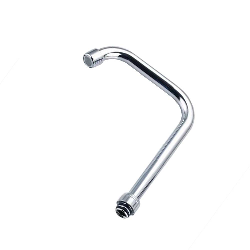Verchromtes L-förmiges Metallrohrfitting mit Gewinde-Enden auf weißem Hintergrund.
