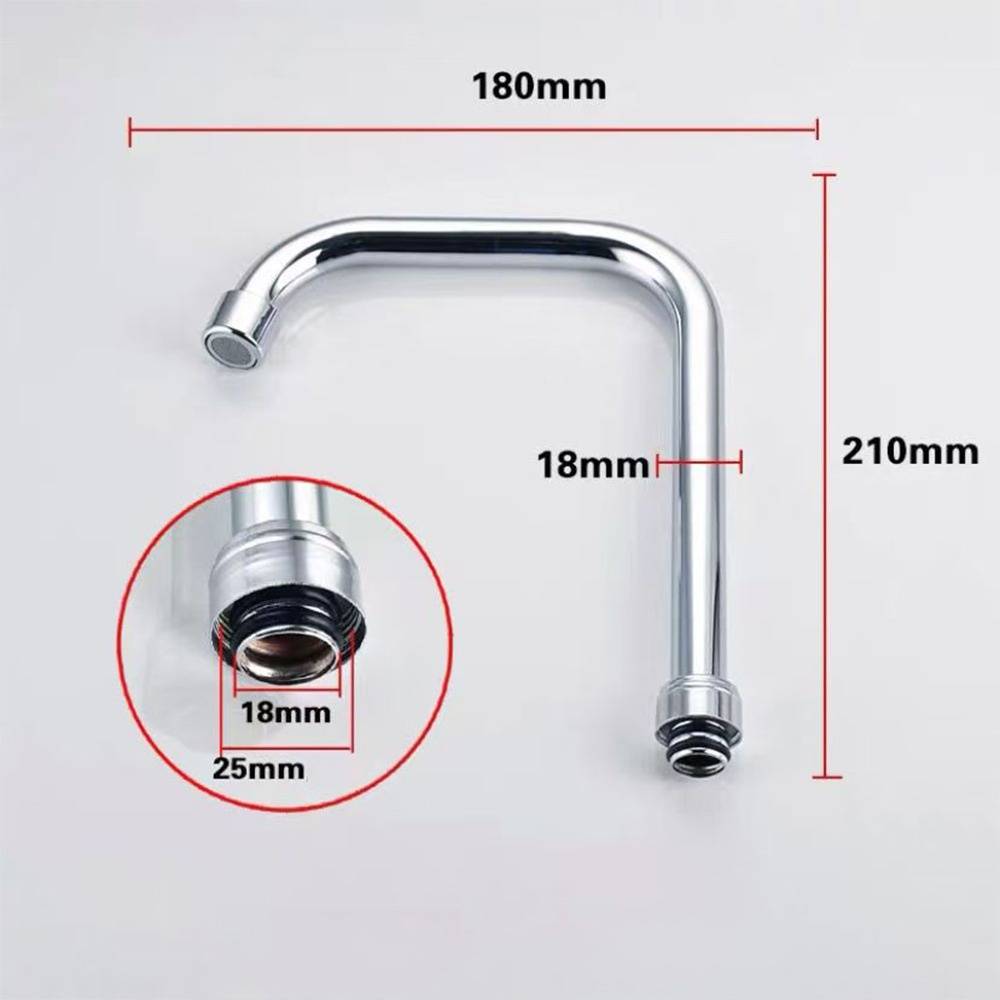 Chrome L-förmige Wasserhahn-Auslaufnase mit beschrifteten Abmessungen: 180 mm breit, 210 mm hoch, 18 mm Durchmesser und Nahaufnahme des 18 mm/25 mm Gewindesteckers.