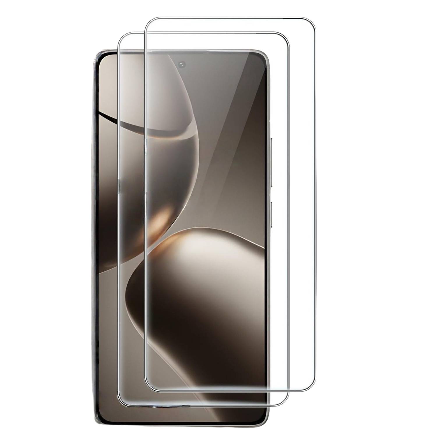 Smartphone in Vorderansicht mit zwei transparenten Displayschutzfolien, die über dem Display übereinander angebracht sind, wobei die schichtweise Passform und die Kantenabdeckung hervorgehoben werden.