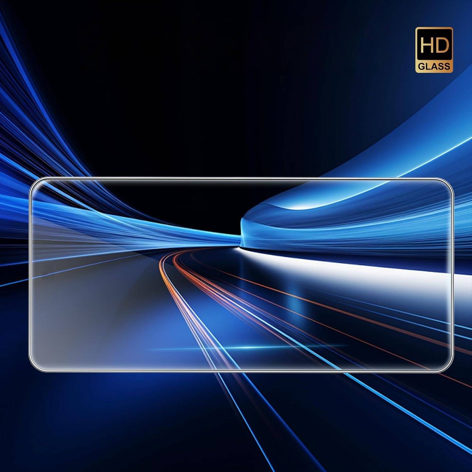 Ein klares gehärtetes Glasschutzglas über einem Smartphone-Display, dargestellt mit einem "HD GLASS""-Abzeichen und blauen Bewegungslinien im Hintergrund.